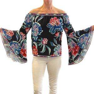 Flying Tomato Floral Off Shoulder Black Pink Blue Green Bell Sleeve Top